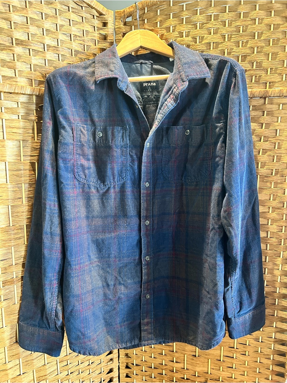 prAna Men’s Large Organic Cotton Plaid Corduroy Button-Down Shirt